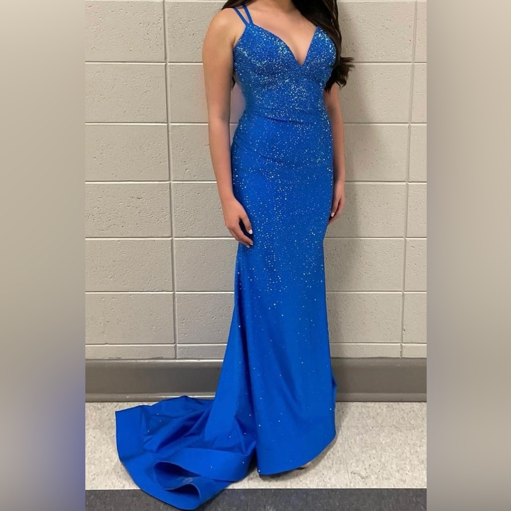 Stunning Sherri Hill #54849 long gown in royal blue with hot fix stones